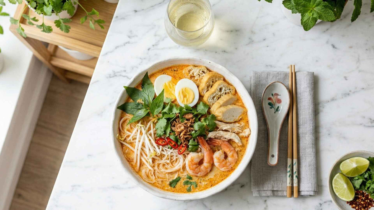 Laksa singapourien au lait de coco et crevettes