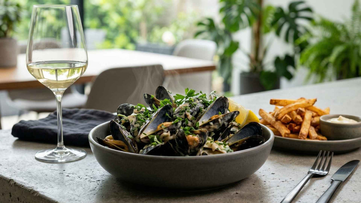 Moules frites à la crème et frites dorées