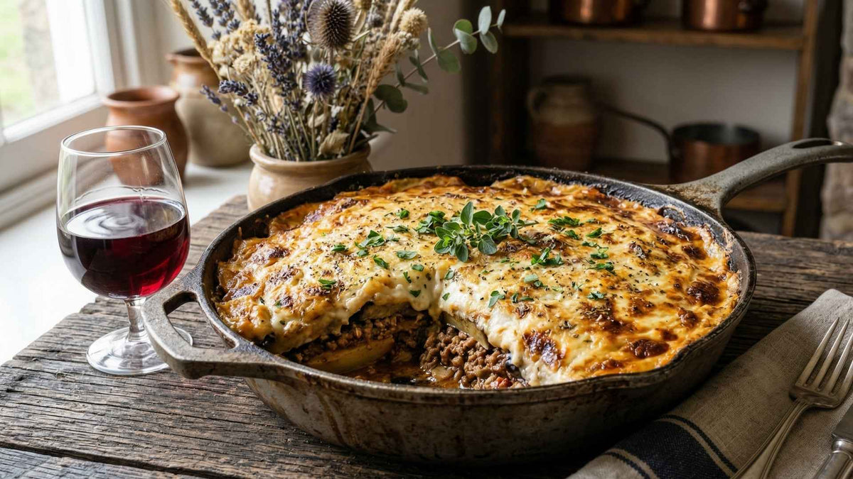 Moussaka grecque à l'aubergine gratinée et béchamel