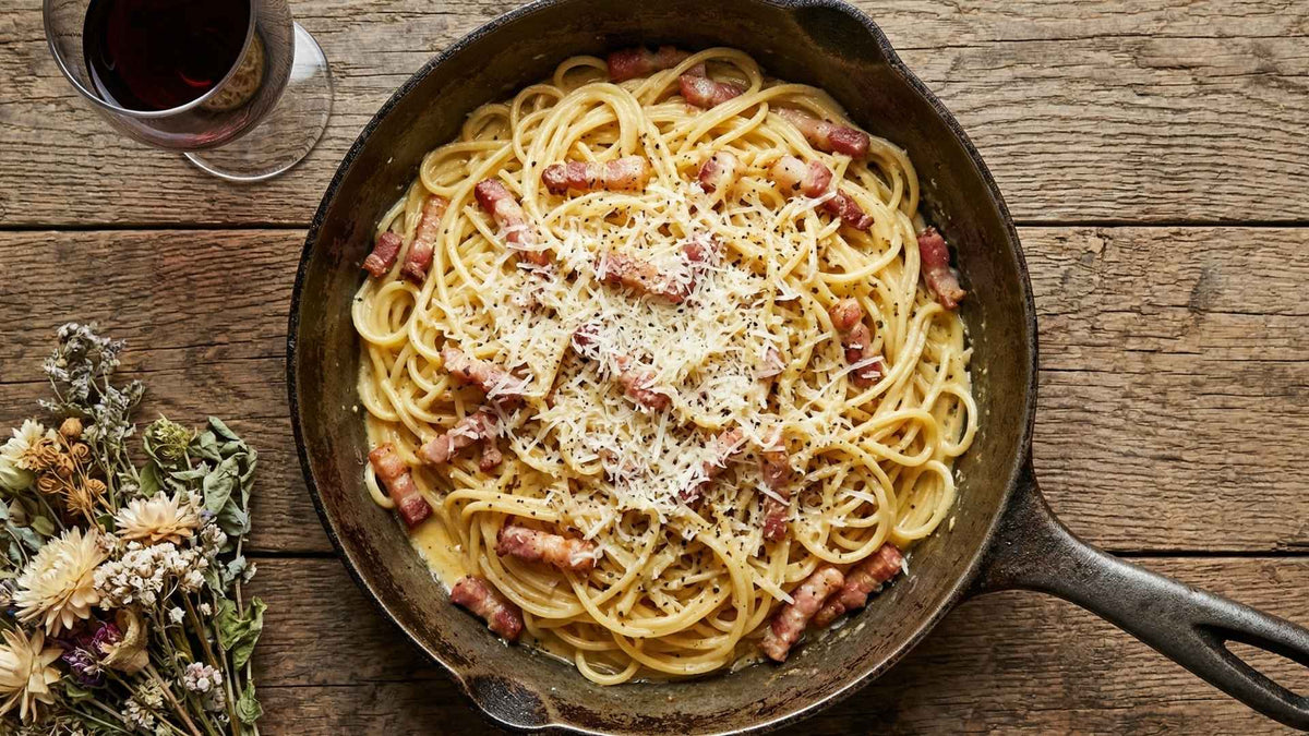 Pâtes carbonara authentiques aux lardons et parmesan