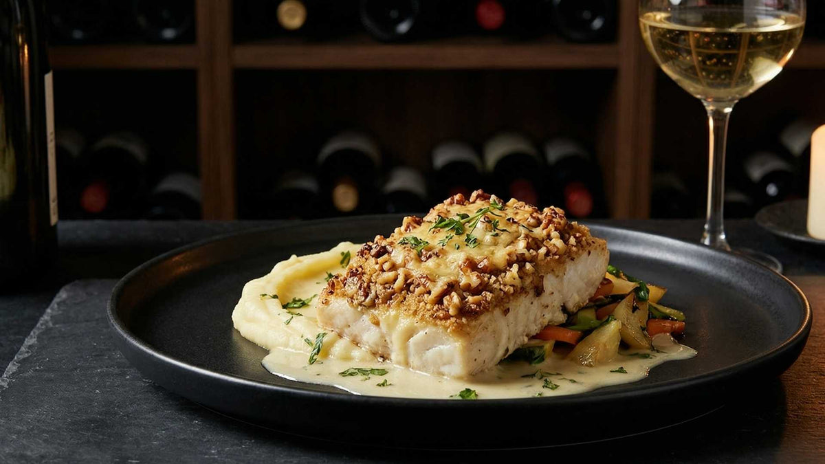 Pavé de sandre en croûte de noix et vieux comté