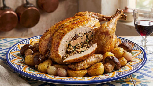 Pintade fermière farcie au foie gras et aux cèpes