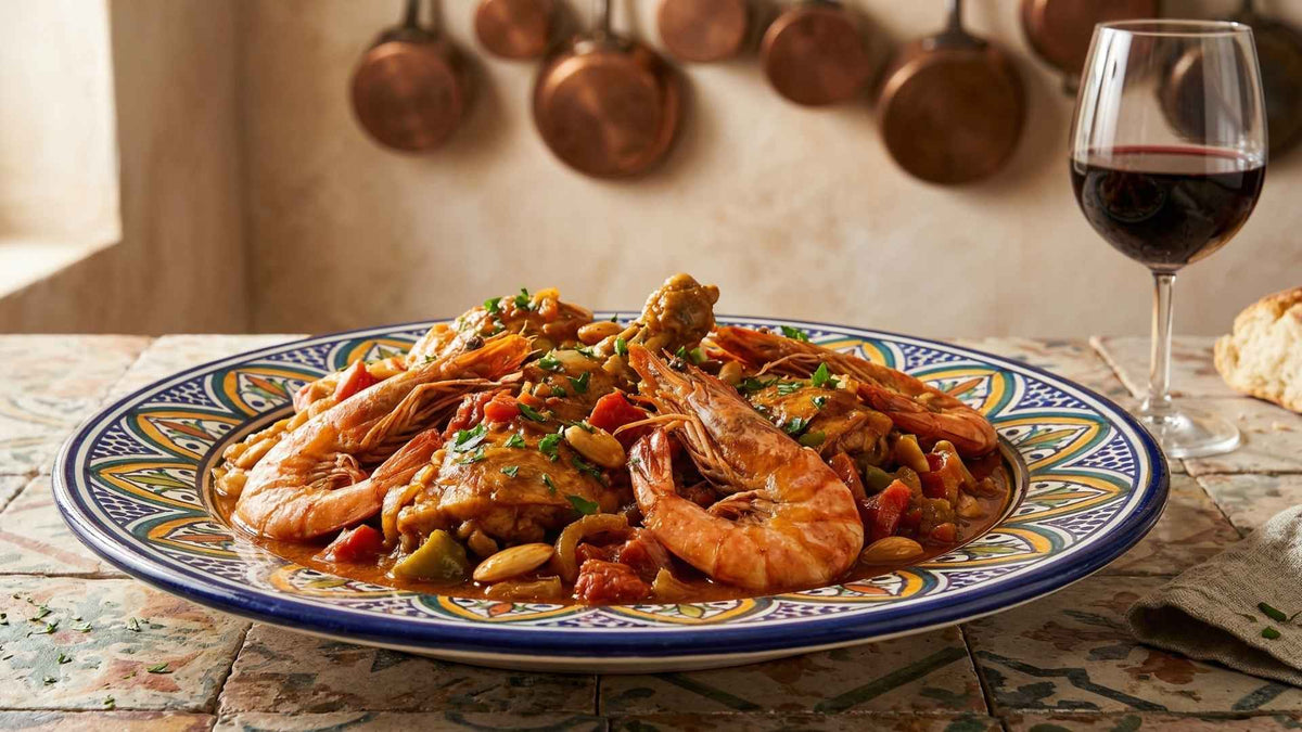 Poulet fermier façon catalane aux gambas