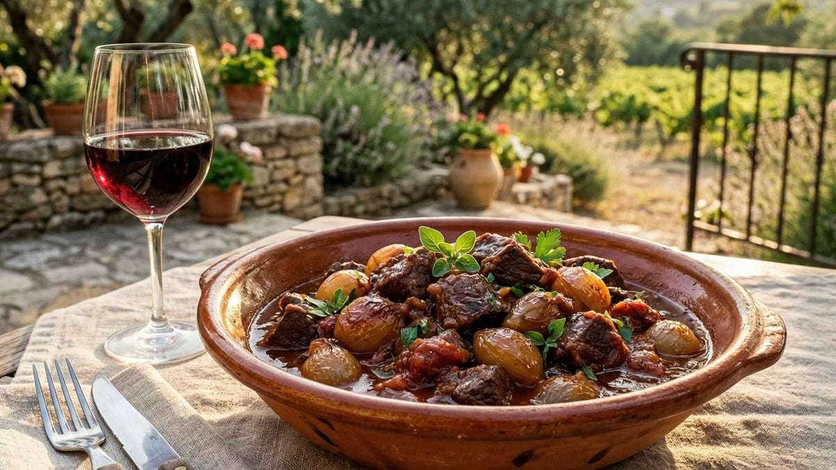 Stifado grec au bœuf et oignons grelots confits