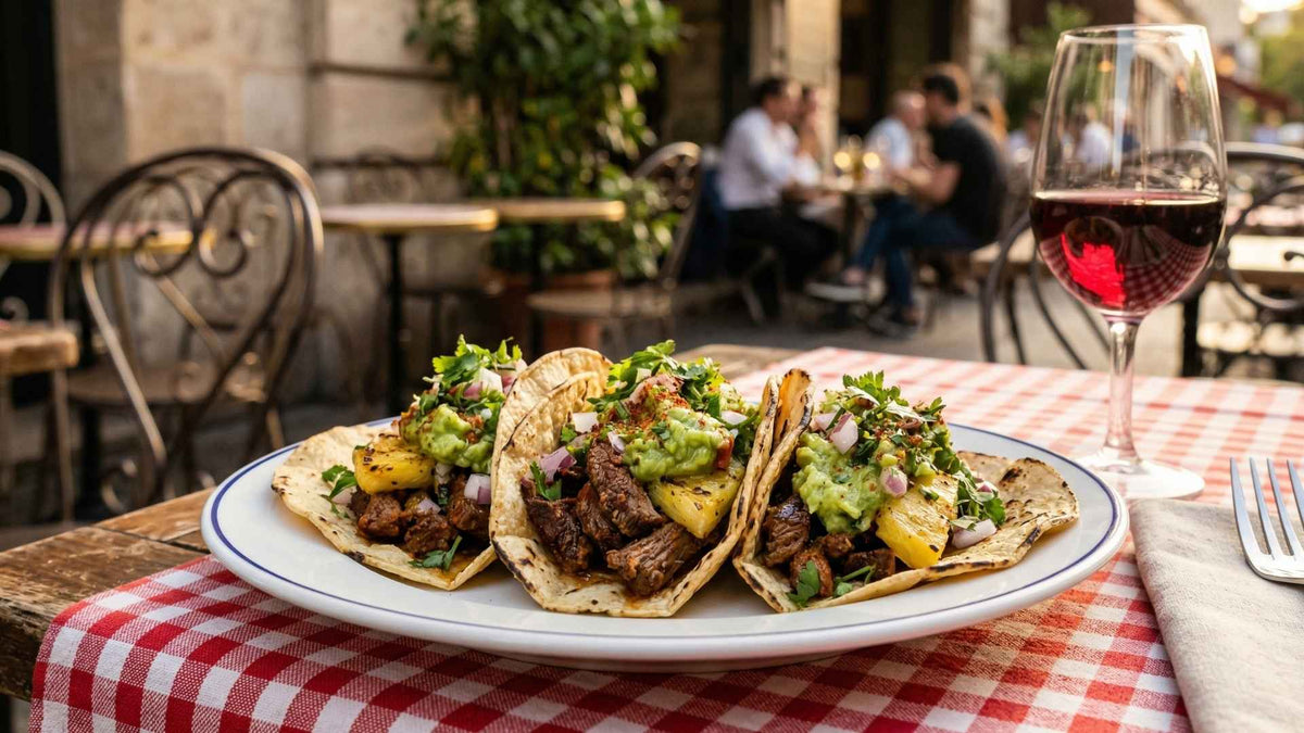 Tacos al pastor au bœuf épicé et guacamole frais