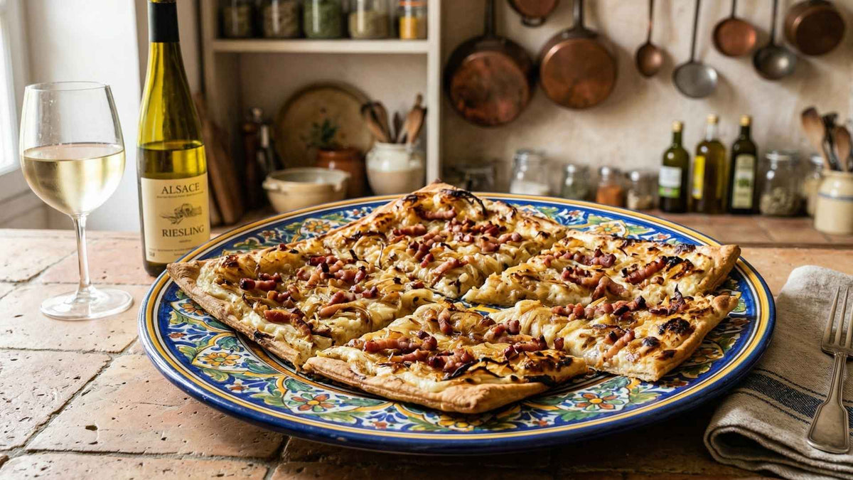 Tarte flambée alsacienne aux oignons et lardons