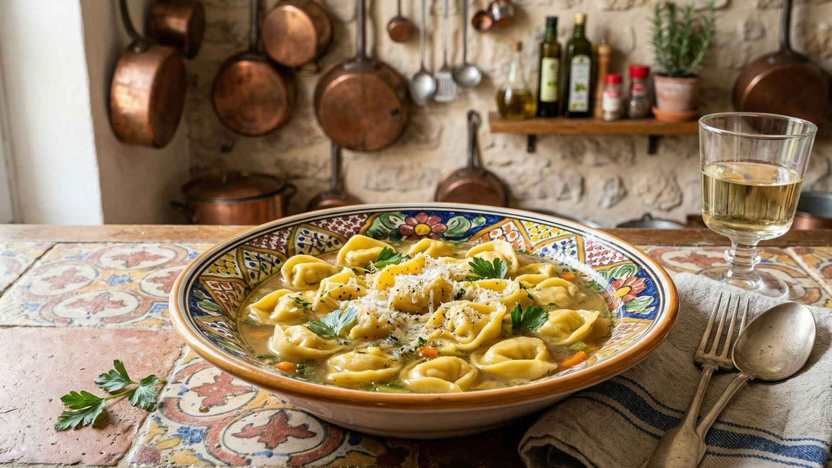 Tortellini farcis au fromage et bouillon parfumé