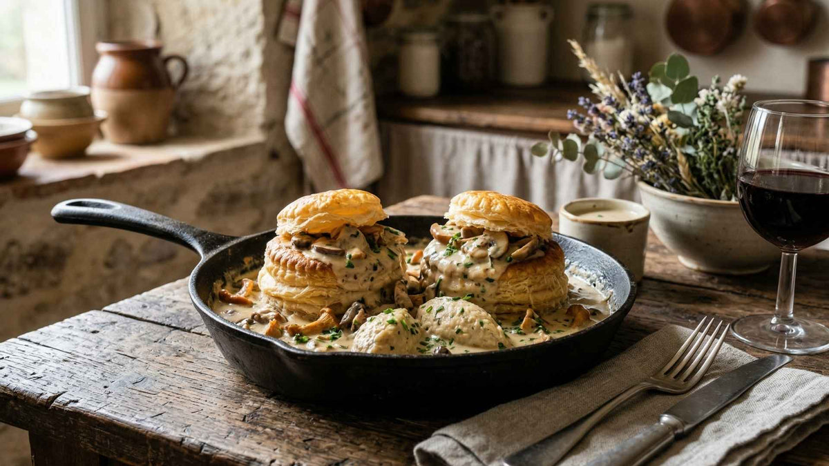 Vol-au-vent aux champignons, quenelles et sauce crémée