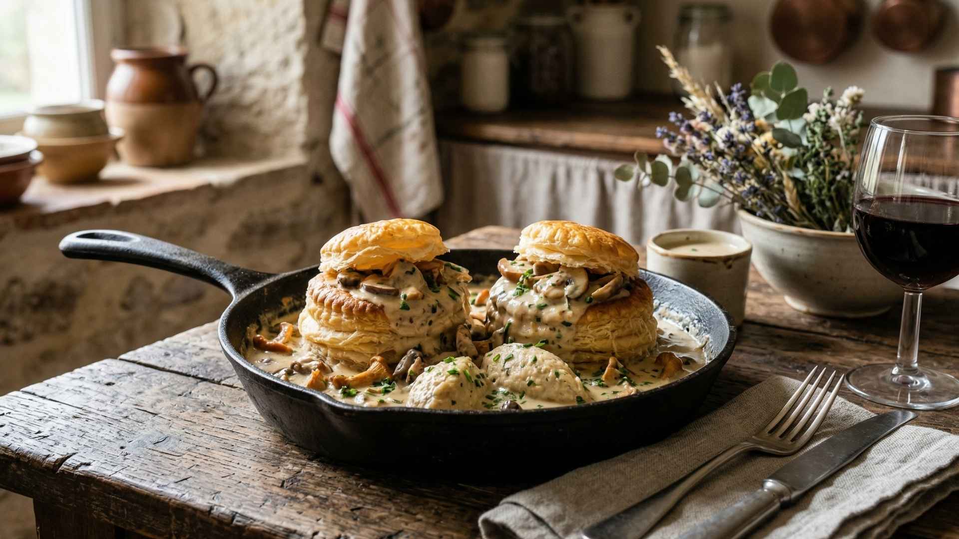Vol-au-vent aux champignons, quenelles et sauce crémée