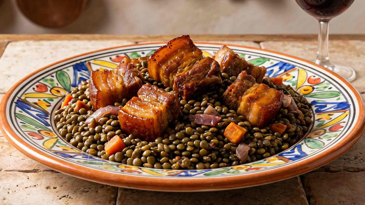 Rillons de Touraine confits et lentilles au vin