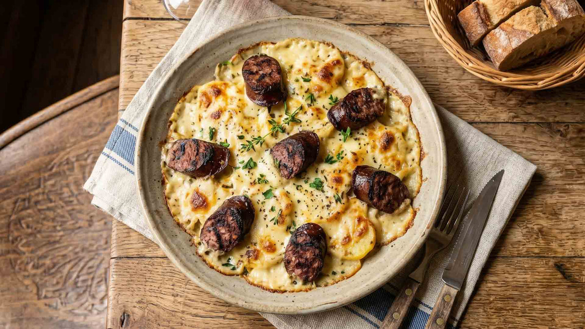 Saucisse de Montbéliard et gratin de cancoillotte