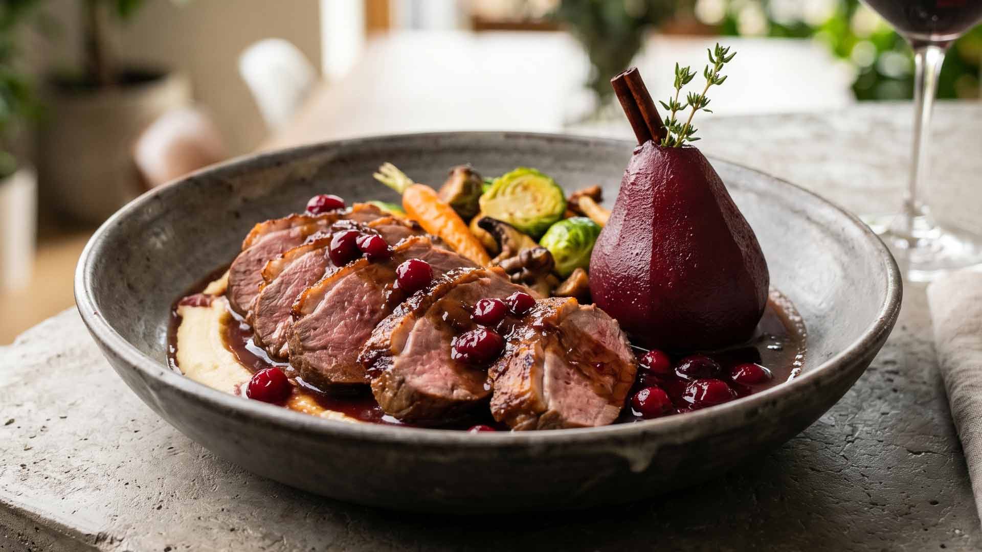 Selle de chevreuil aux airelles et poire au vin