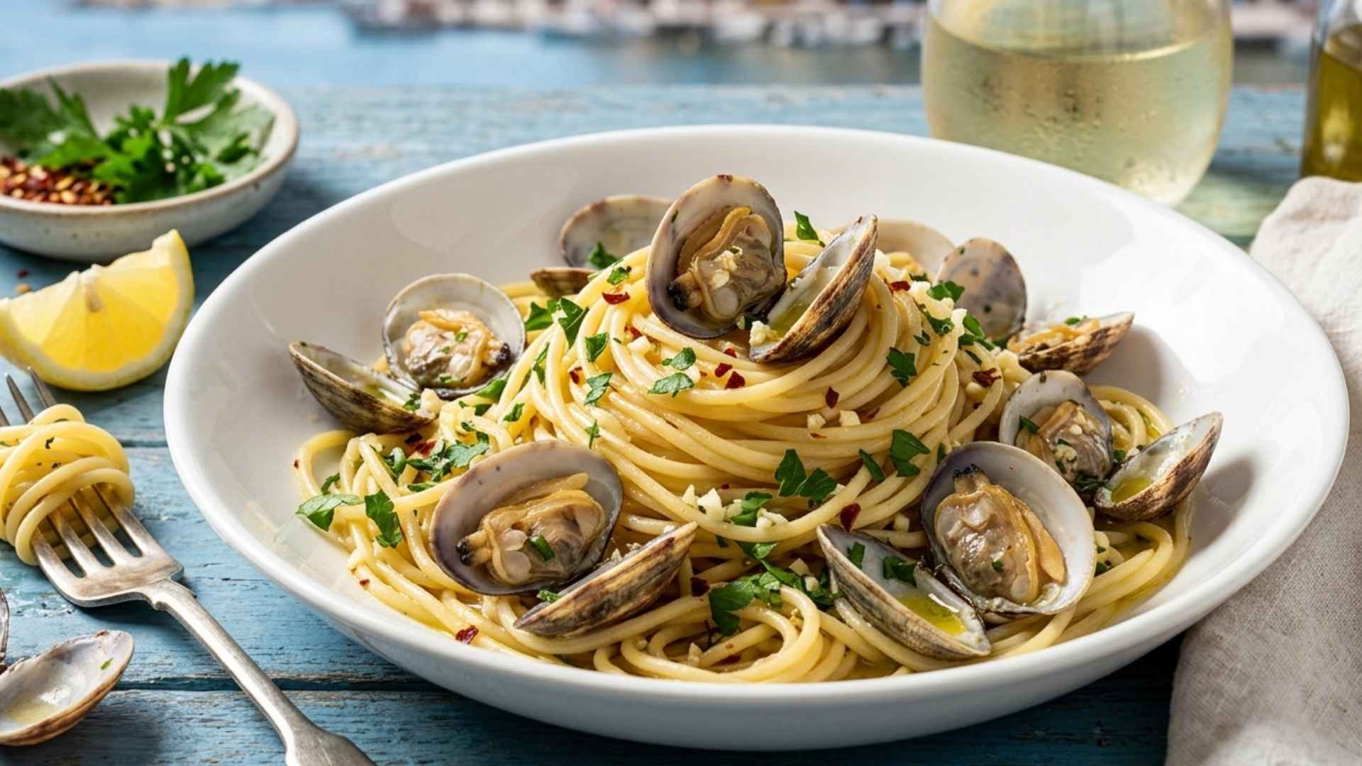 Spaghetti alle vongole aux palourdes et vin blanc Image