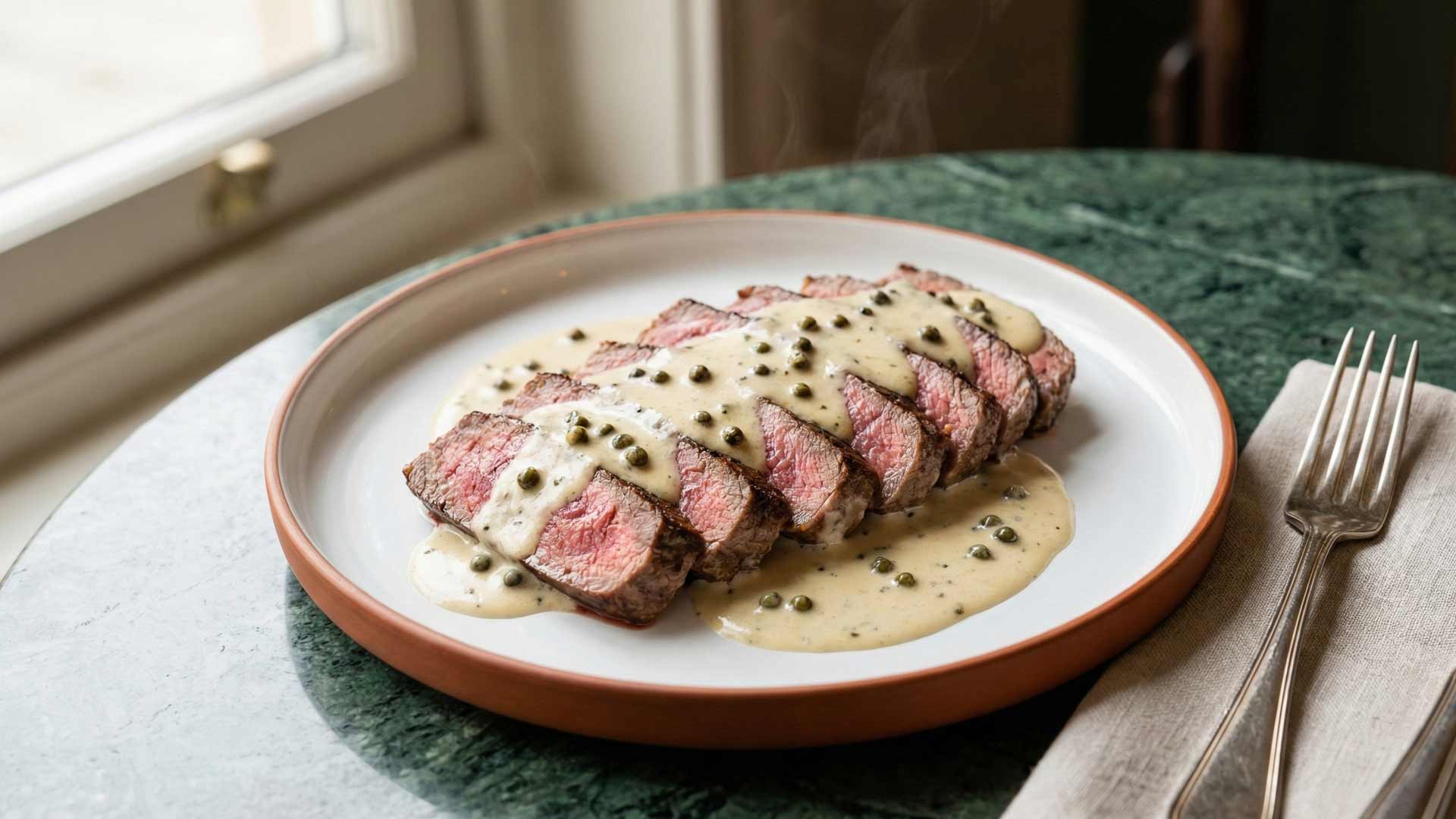 Steak au poivre vert et au vin blanc