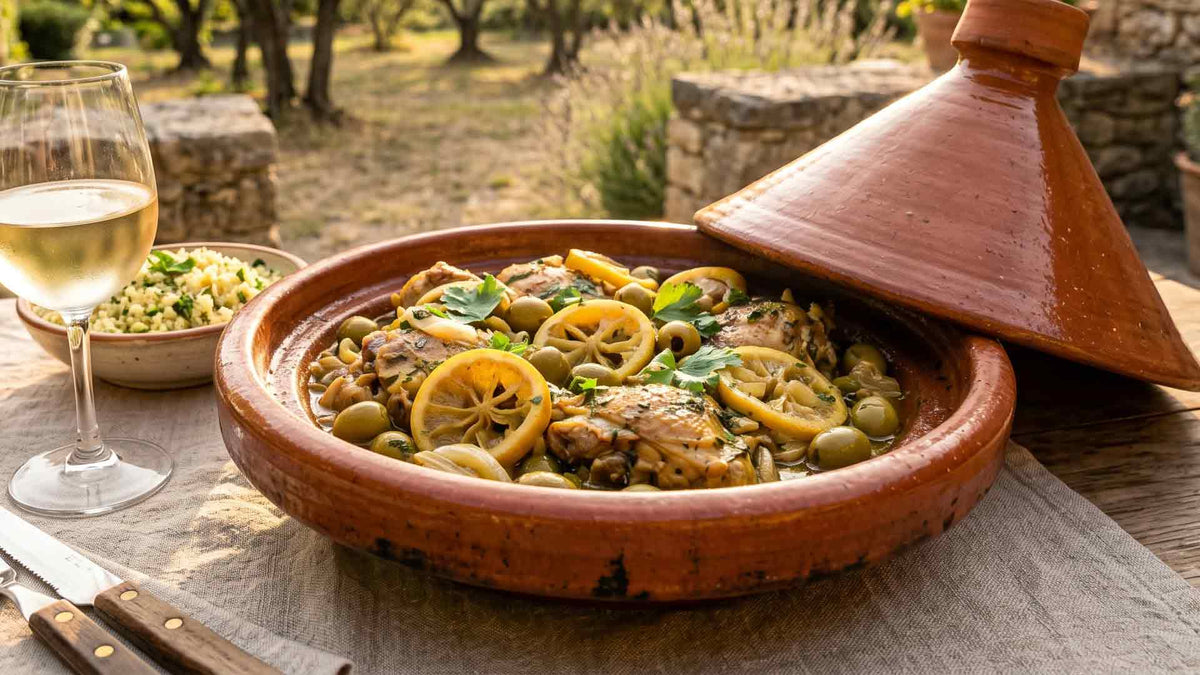 Tajine de poulet au citron confit et olives