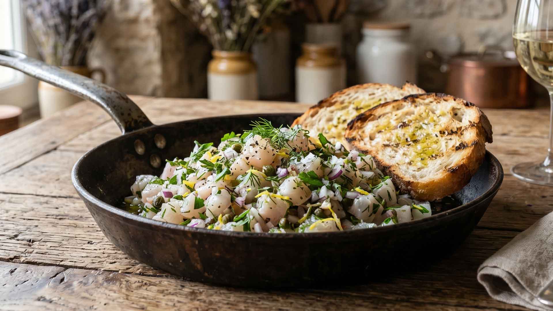 Tartare de bar aux herbes et huile d'olive