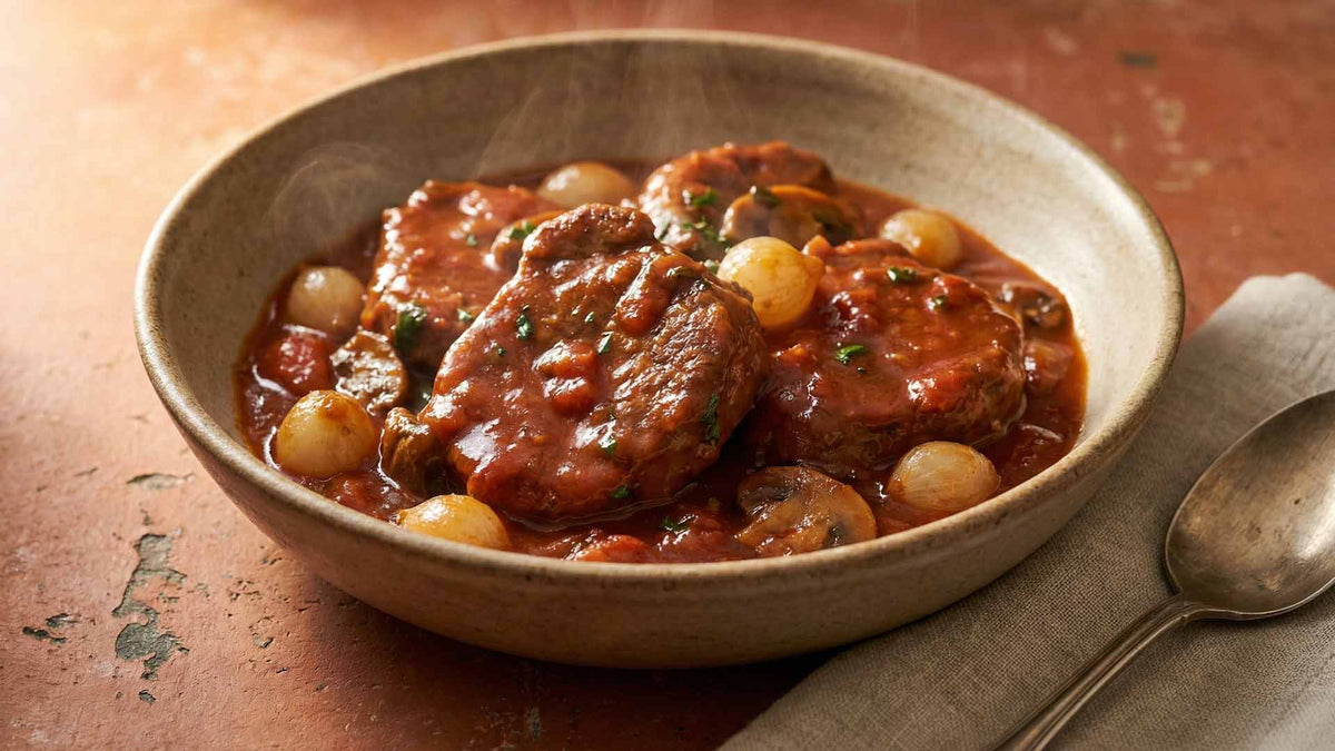 Veau à la sauce au vin et à la tomate