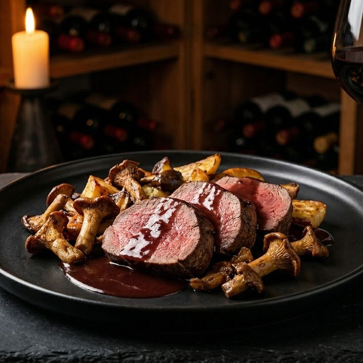 Filet Mignon de Biche Poêlé, Sauce Poivrade Légère et sa Poêlée de Girolles aux Marrons