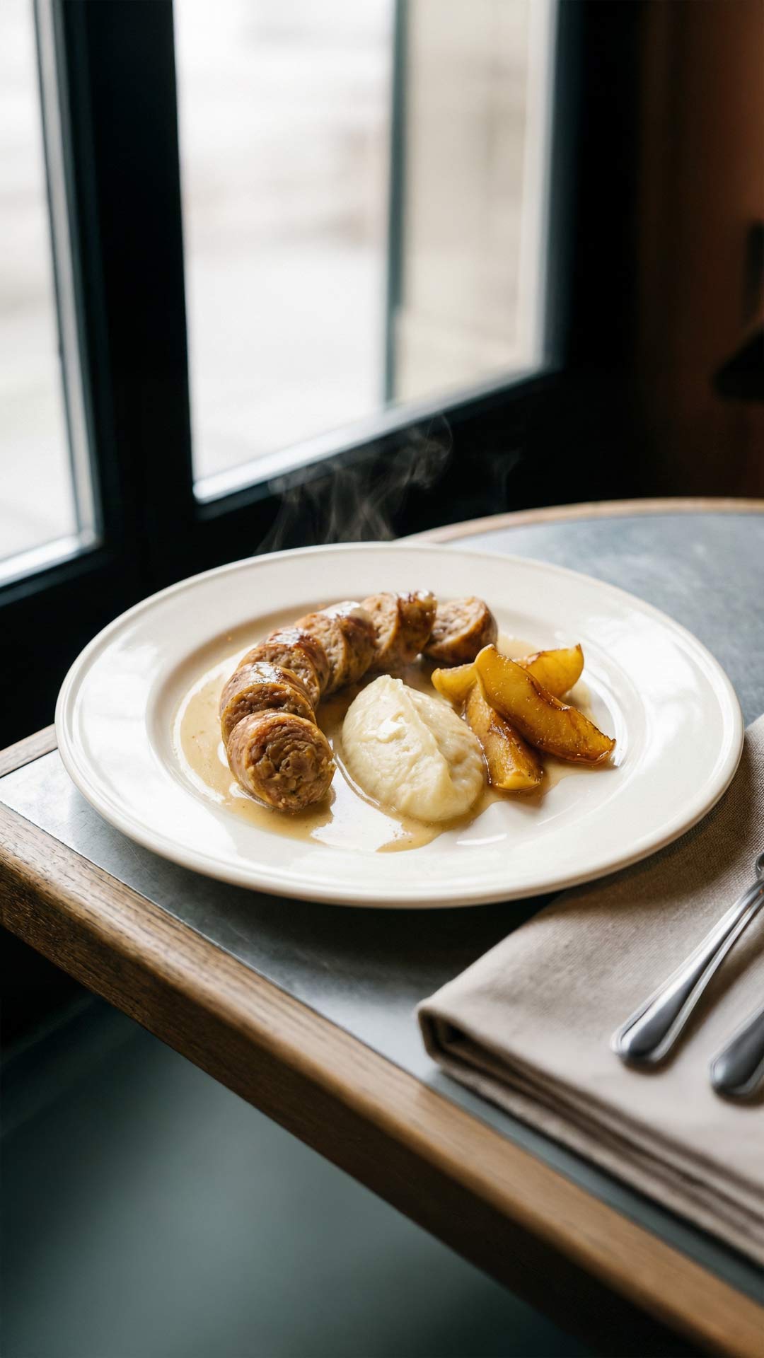 Andouilettes au vin blanc, à la purée d'oignons mobile