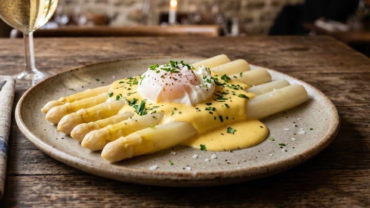 Asperges blanches et œuf poché, sauce sabayon