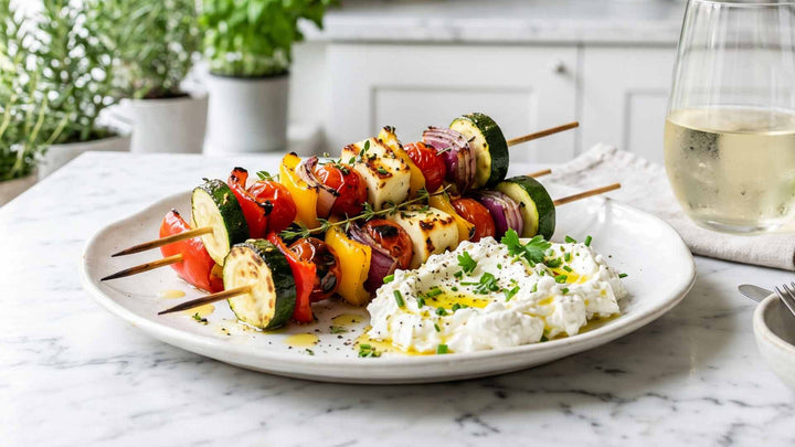 Brochettes de légumes grillés et fromage frais