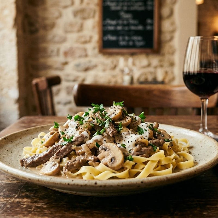 Bœuf Stroganoff à la crème et champignons de Paris