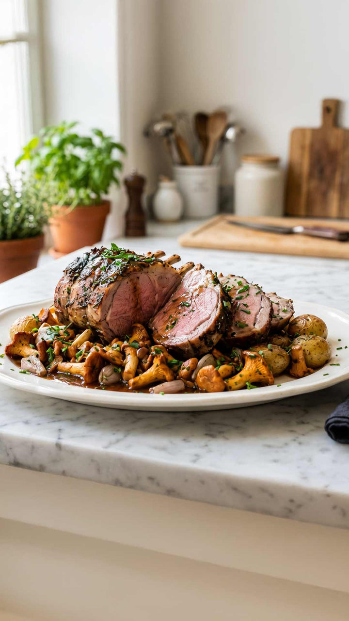 Carré de veau rôti aux girolles et jus réduit
