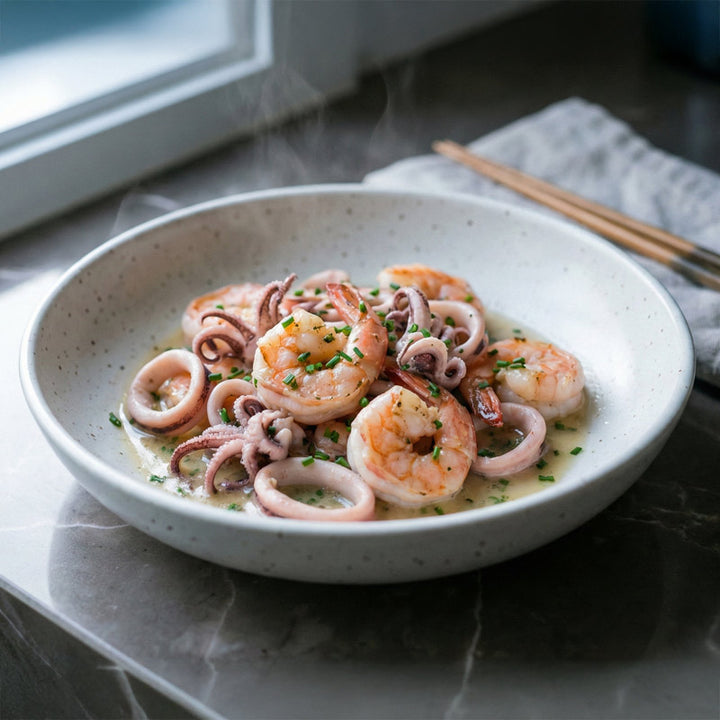 Crevettes et calamars au vin blanc cuits au wok