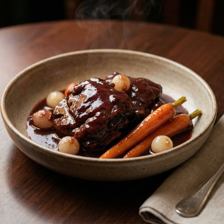 Joues de porc confites au vin rouge