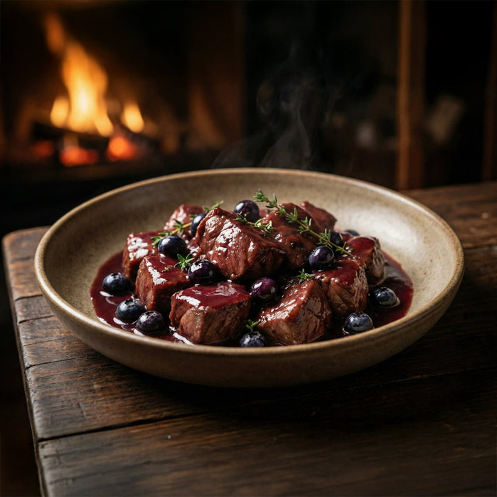 Marcassin au vin rouge et aux myrtilles