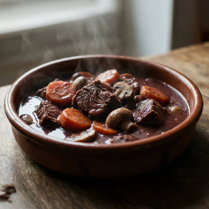 Bœuf carottes aux champignons et vin rouge