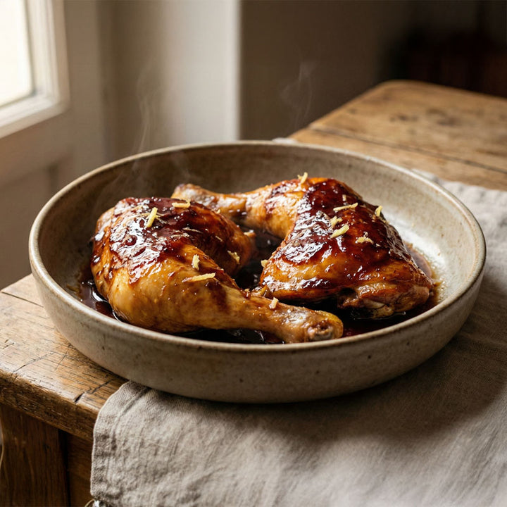 Cuisses de poulet au confit de vin et gingembre