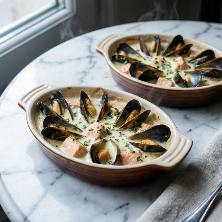 Cassolettes de moules au saumon et au vin blanc