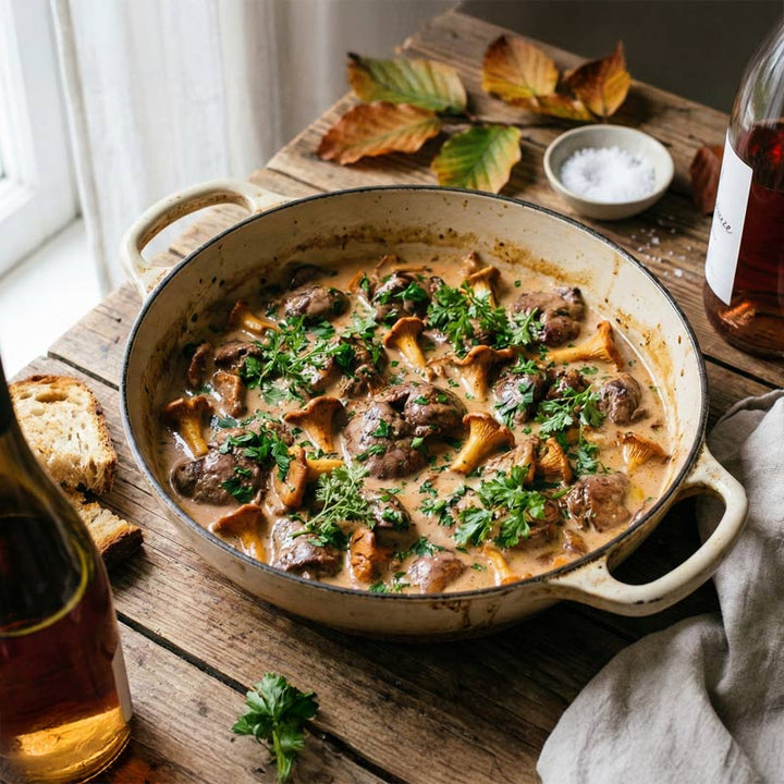 Fricassée de foies de volailles aux girolles et au rosé