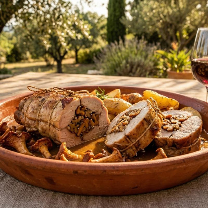 Râble de lapin farci aux noix et girolles