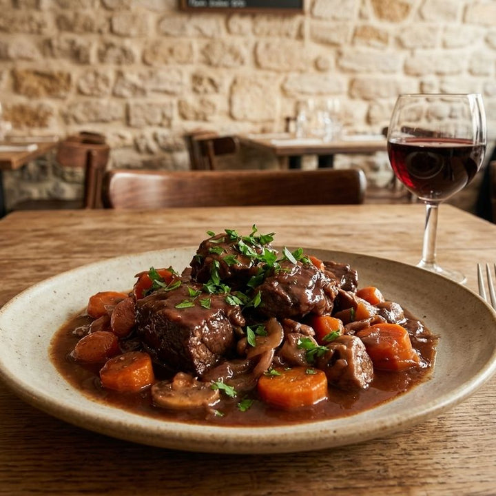 Paleron de bœuf braisé aux carottes et vin rouge