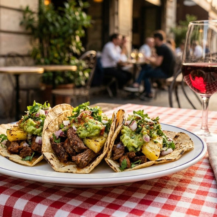 Tacos al pastor au bœuf épicé et guacamole frais