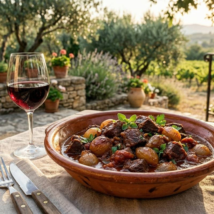 Stifado grec au bœuf et oignons grelots confits