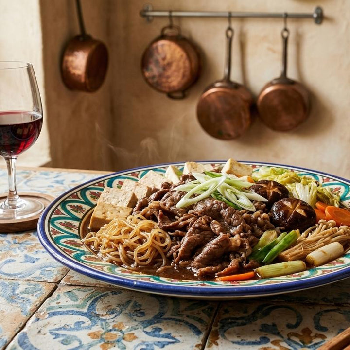 Bœuf sukiyaki japonais aux légumes et sauce sucrée