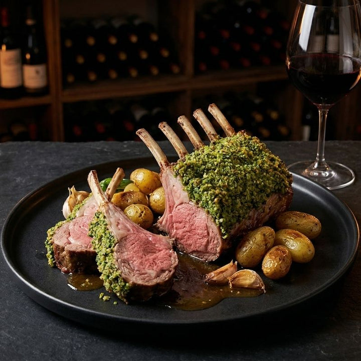 Carré d'agneau de lait rôti en croûte d'herbes