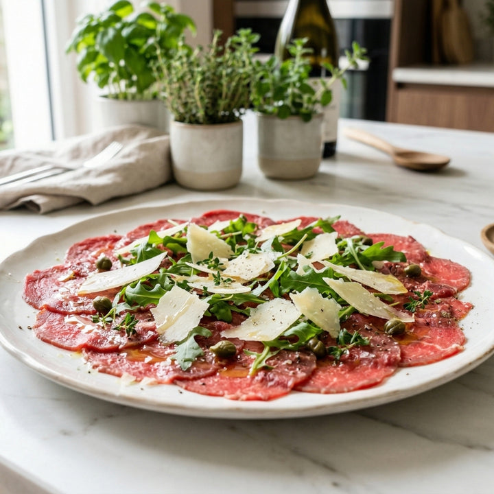 Carpaccio de bœuf à l'huile d'olive et copeaux de parmesan