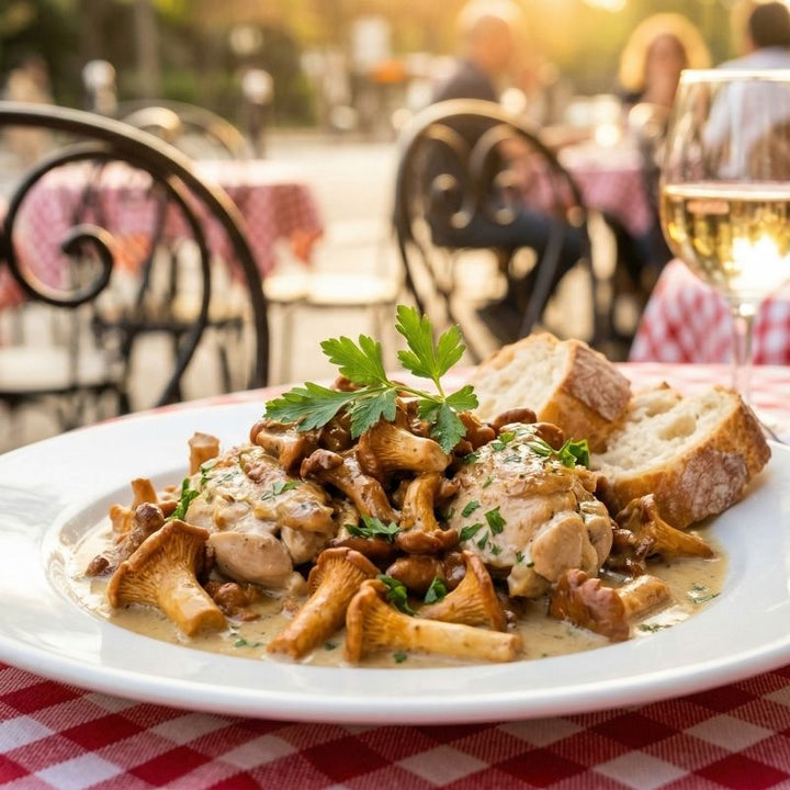 Fricassée de volaille fermière aux girolles et crème fraîche