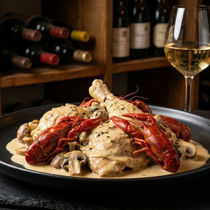 Poularde à la crème de bresse et ses écrevisses