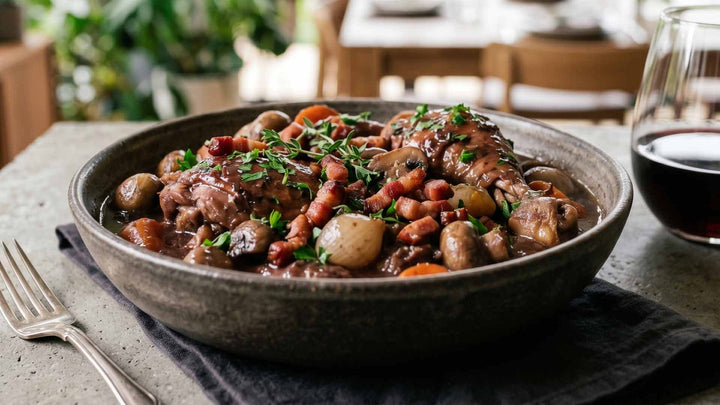 Coq au vin rouge et lardons fumés
