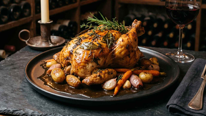 Coquelet rôti aux herbes et jus corsé