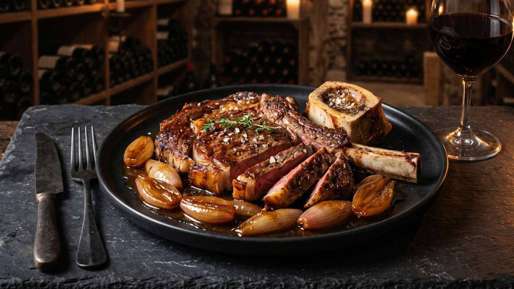 Côte de bœuf à la moelle et échalotes confites