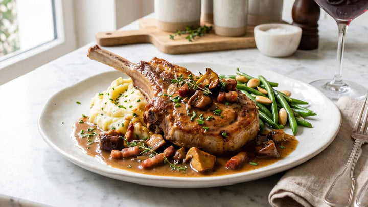 Côte de veau aux cèpes et lard fumé