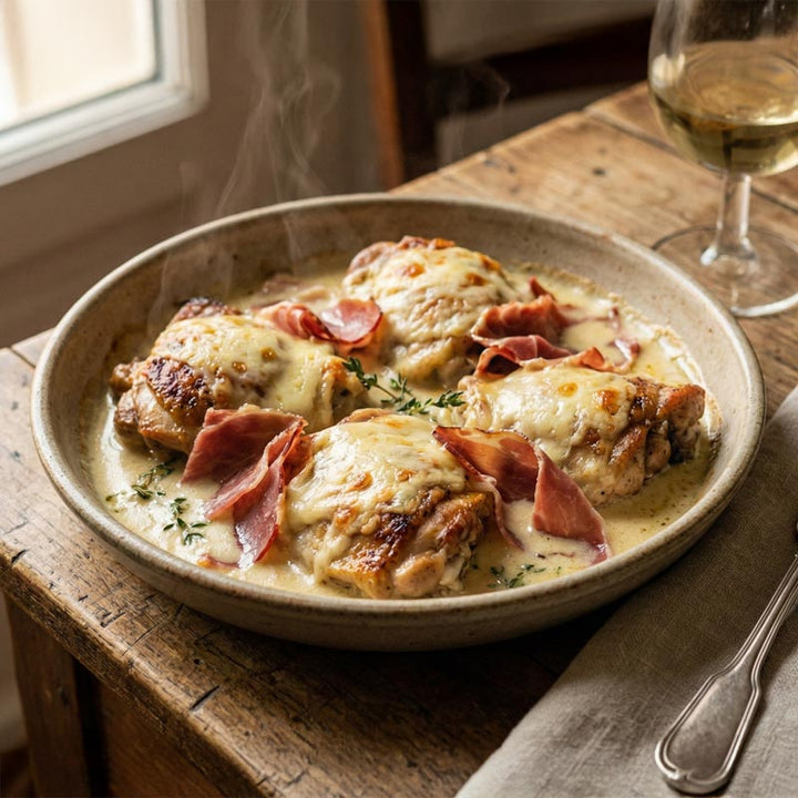 Recette de poulet au cantal, vin blanc et creme fraiche et jambon