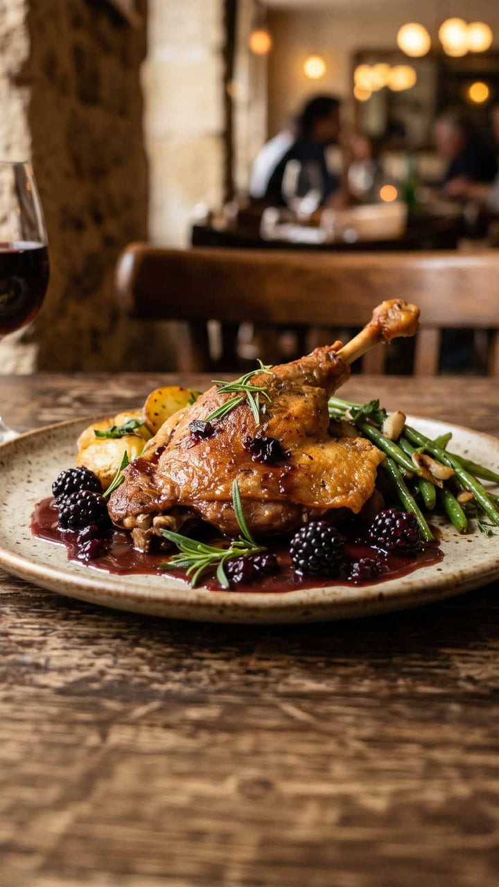 Cuisse de canard confite aux mûres et sarriette