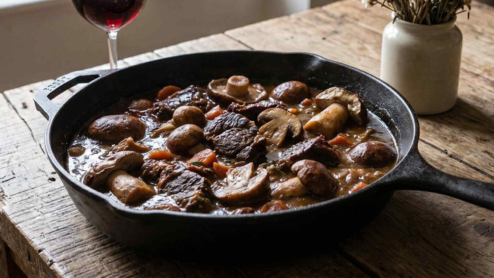 Daube de joue de bœuf aux cèpes et vin vieux